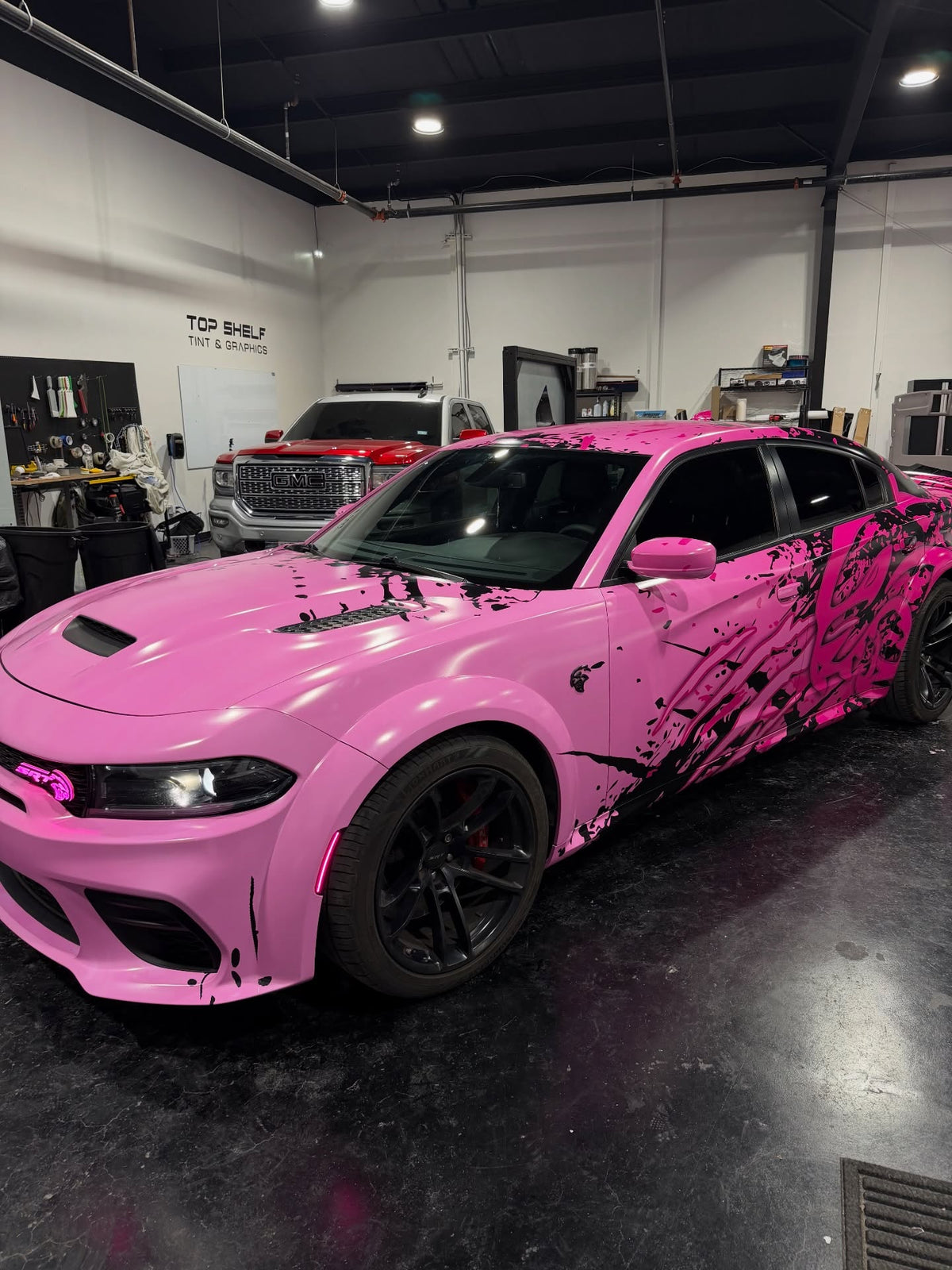 Two-tone pink abstract full wrap on a Dodge Charger Hellcat, designed by Jay's Car Designs