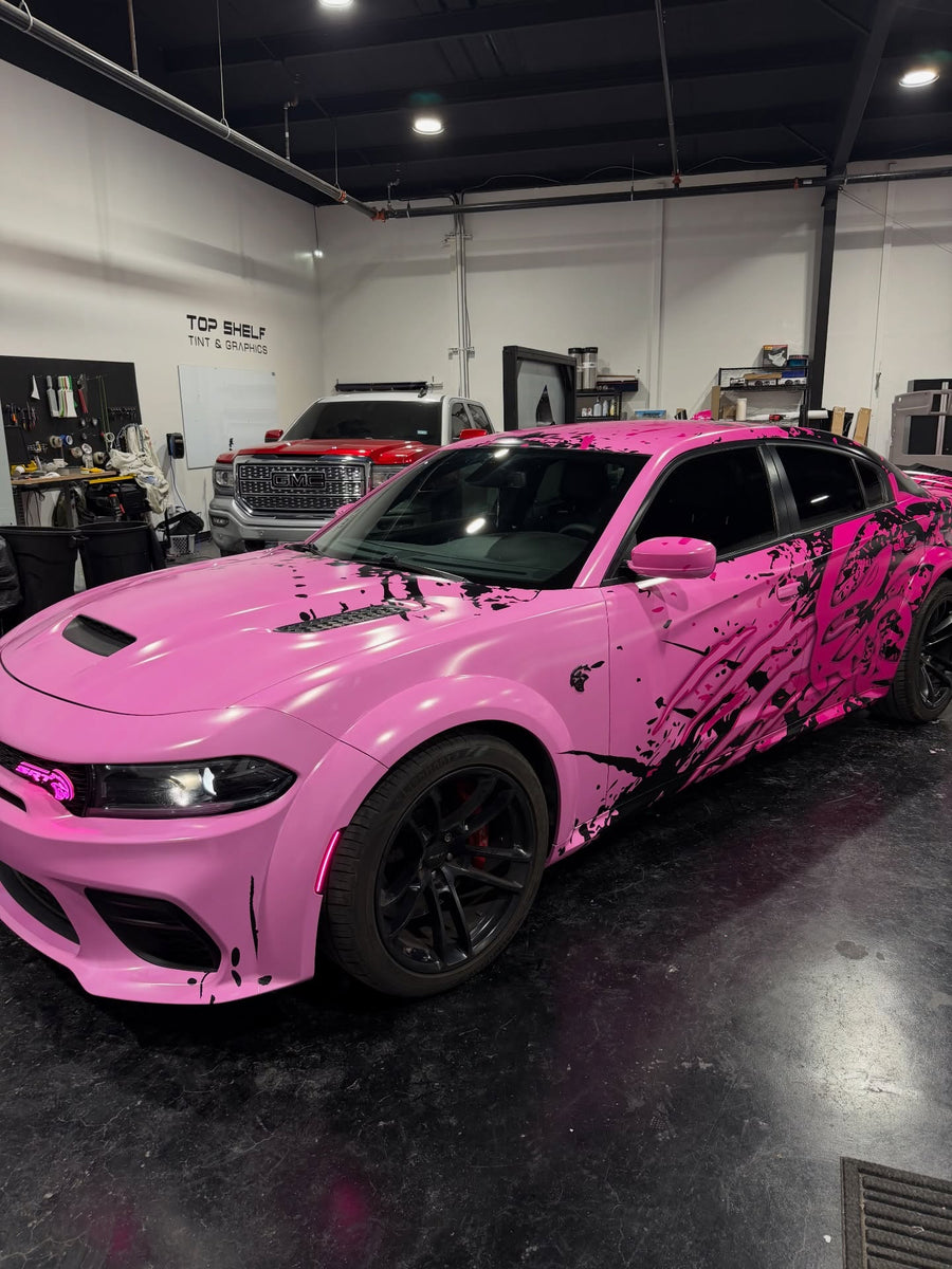 Two-tone pink abstract full wrap on a Dodge Charger Hellcat, designed by Jay's Car Designs