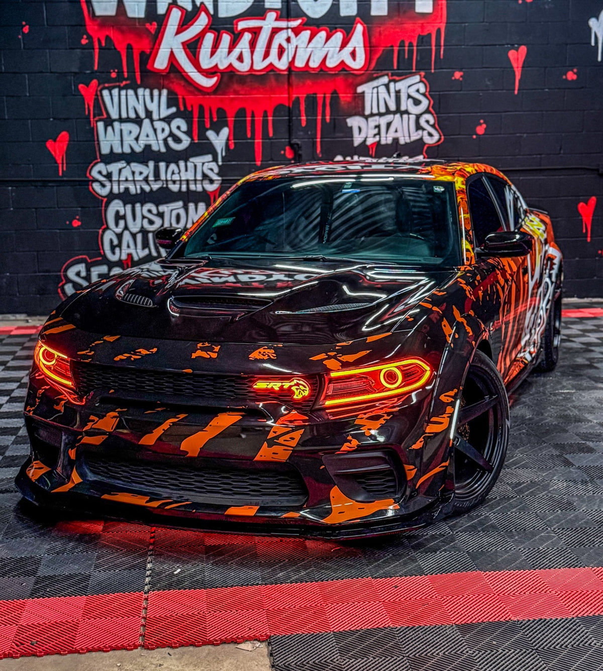 Full custom printed tiger show wrap on a Dodge Hellcat, designed by Jay's Car Designs