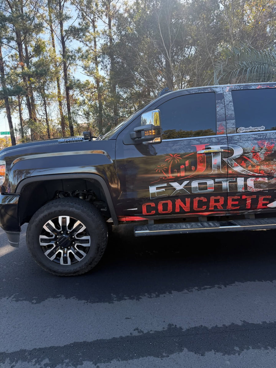 Custom business wrap on a GMC Sierra for a concrete company, designed and printed by Jay's Car Designs